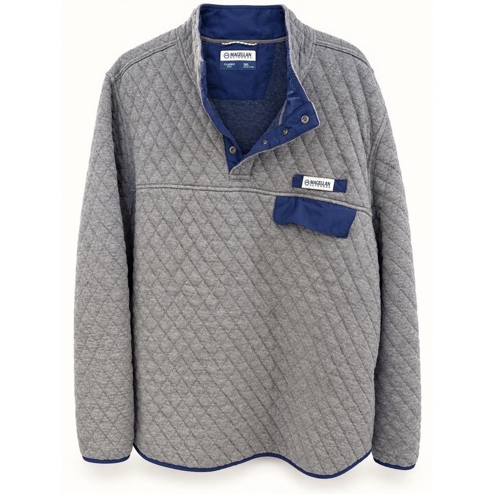 Magellan Outdoors Mens 2XL Quilted Snap Pullover Heather Gray Navy Blue Jacket